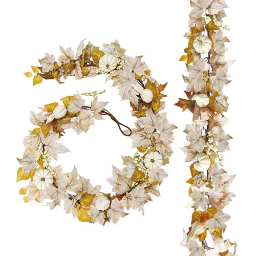 2 Pcs Fall Garland with Lights - 6Ft Autumn Leaves, Pumpkins & Berries for Home Decor