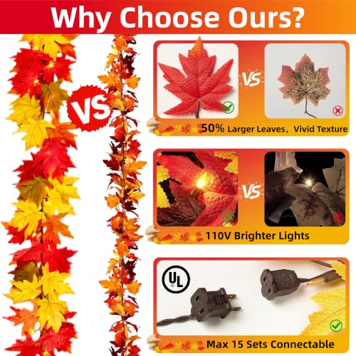 2Pack Fall Garland with Lights 9Ft Lush Leaves Connectable Outdoor Indoor Decor