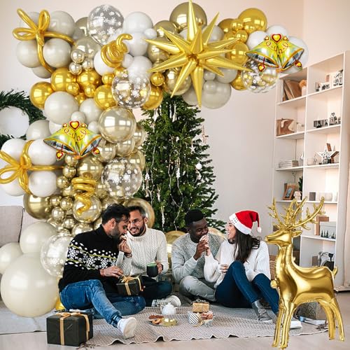 Champagne Gold White Christmas Balloon Arch Kit 121pcs with Deer & Snowflakes