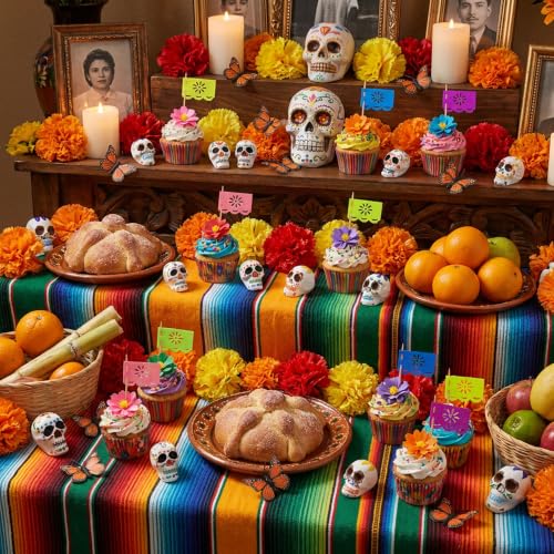 52 Pcs Day of the Dead Skull Miniature Set - Dia De Los Muertos Decor with Flowers & Flags