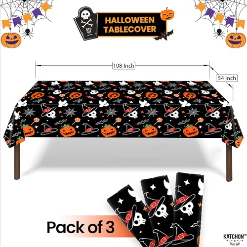 Halloween Tablecloths Pack of 3 - Black & Orange Spooky Design 54x108 Inches