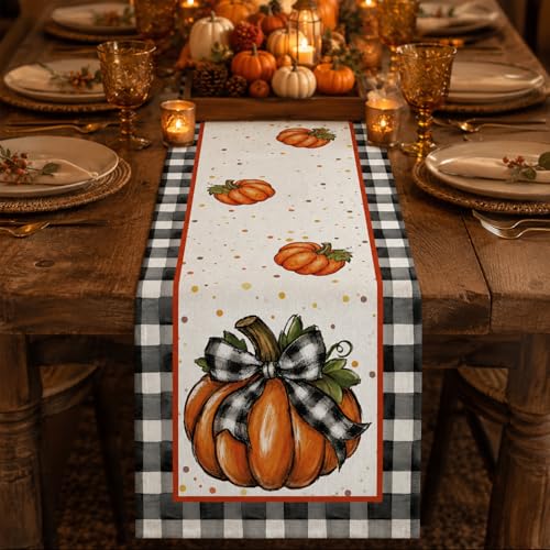 Fall Table Runner for Thanksgiving Decor 13x72 Inch Pumpkin Buffalo Plaid