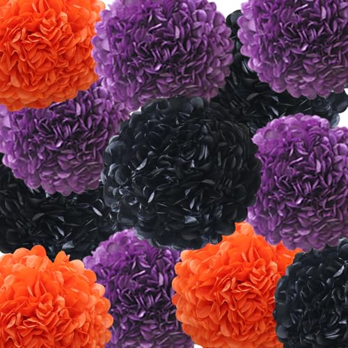 Halloween Decorations Party Black Purple Orange Tissue Paper Pom Poms - Orange Variation