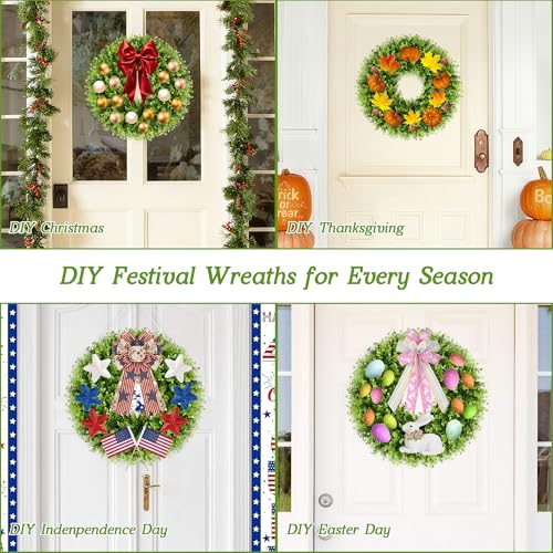 18 Inch Artificial Boxwood Wreath for Front Door Wall & Window Decor - Green Bow, All-Season Holiday Indoor Outdoor