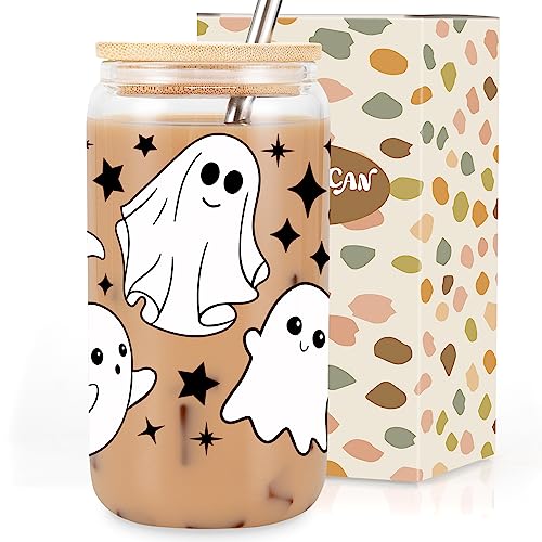 Halloween Ghost 16oz Tumbler Glass Cup with Lid & Straw - Spooky Drinkware