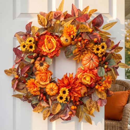 24 Inch Fall Front Door Wreath with Pumpkins & Dahlias - Autumn Decor