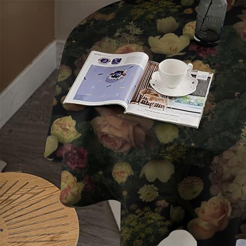 Round 60x60 Inch Black Floral Tablecloth - Rustic Watercolor Botanical Design - Flower-1 Variation