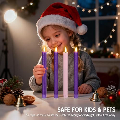 Flameless Taper Candles with Remote - Real Wax Advent Candles Set - Purple & Pink