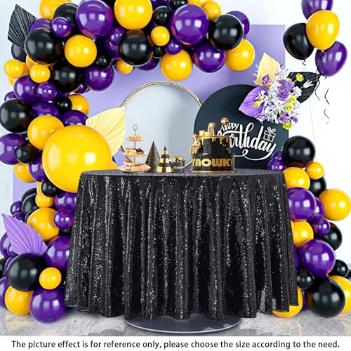 QueenDream Black Sequin Round Tablecloth 120 Inch - Glitter Party Decor