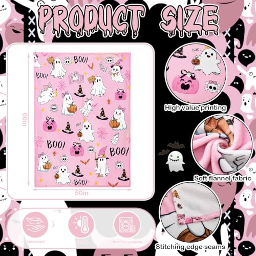 Halloween Ghost Throw Blanket Set - Black and Pink Boo Ghost Flannel 50x60 Inches, Cozy Halloween Decor for Couch and Bed - 2 Pack