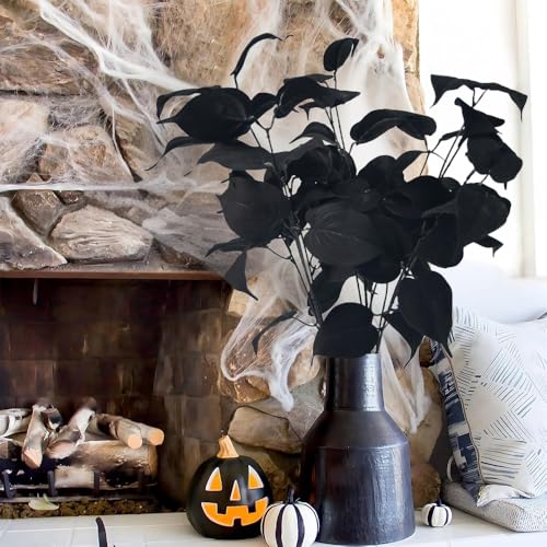 Artificial Black Ivy Stems - 3 Pack 30 Inch Faux Black Leaf Branches for Gothic Decor & Weddings - Black-Evergreen