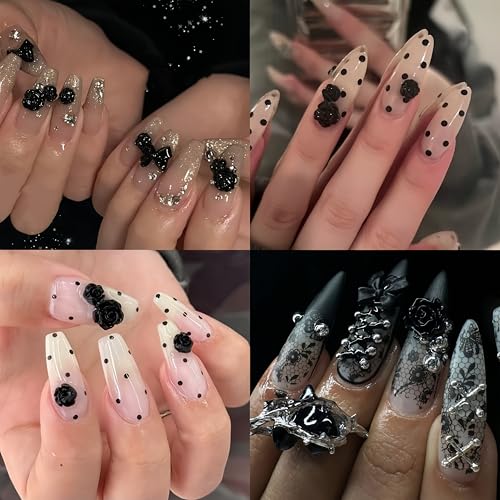 Black Rose Nail Charms 300 Pcs 3D Valentines Day Floral Rhinestones for Acrylic Nails