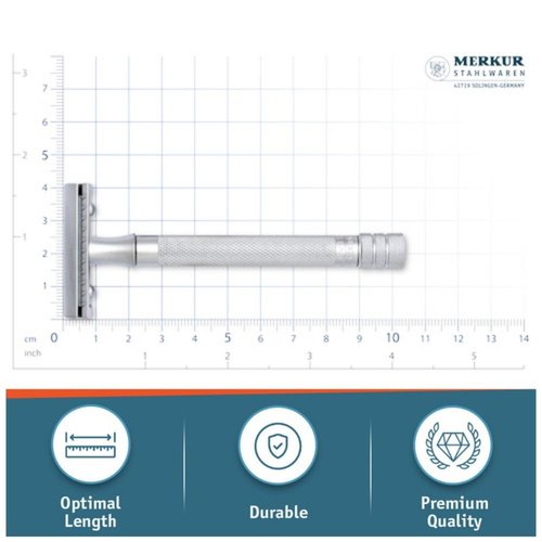 MERKUR 22C Double Edge Safety Razor - Matte Chrome | Long Knurled Brass Handle | Made in Germany | Plastic-Free | Three Piece Design | Closed Comb | Straight Bar