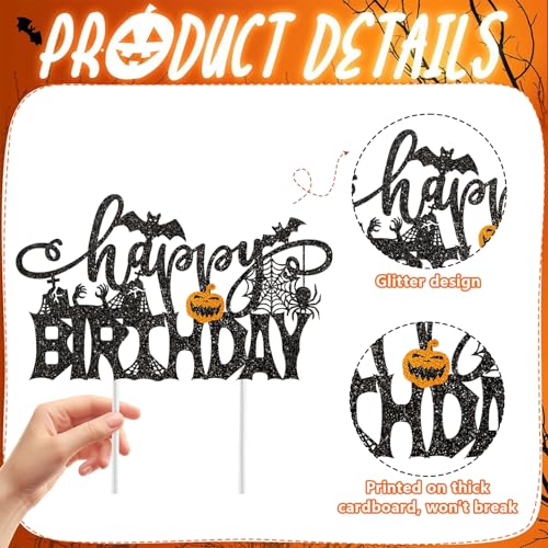 Halloween Happy Birthday Cake Topper Black Glitter Spooky Bat Party Decor