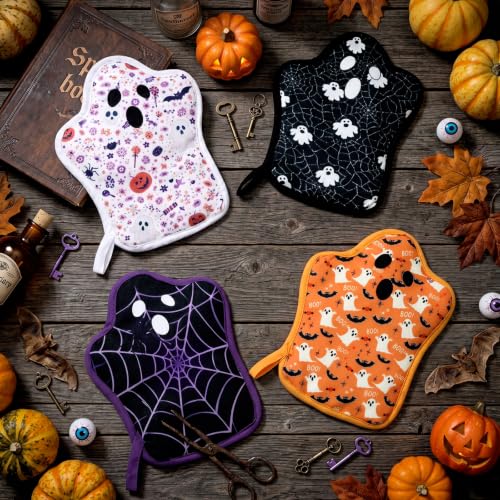 Halloween Ghost Pot Holders Set for Kitchen - Cute Oven Hot Pads, 4-Pack
