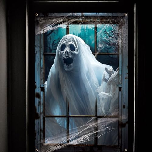 White Halloween Ghost Window Decoration - Large Spooky Haunted House Window Decor with Rope