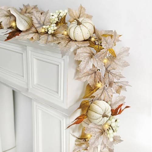 White Fall Garland with Lights - 6Ft Autumn Leaves & Pumpkins for Home Decor - Halloween & Thanksgiving Indoor Outdoor