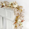 White Fall Garland with Lights - 6Ft Autumn Leaves & Pumpkins for Home Decor - Halloween & Thanksgiving Indoor Outdoor