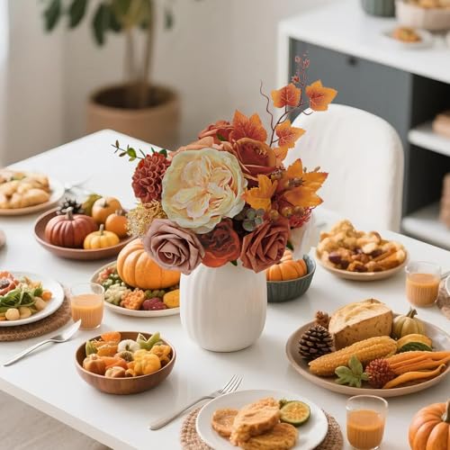 Terracotta Fall Faux Flower Box Set with Burnt Orange & Maple Leaves for Wedding & Home Decor - DIY Arrangements