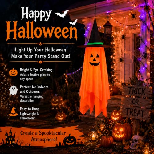 Halloween Ghost Hanging Decor - Foldable Cloth Witch Hat with Lanyards, 39.4 Inch, Reusable for Tree Porch Yard Ceiling Wall