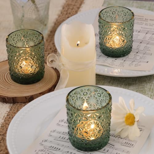Green Votive Candle Holders Set of 36 - Floral Pattern Tea Light Holders for Weddings and Home Decor - 2.2 x 2.6 Inches