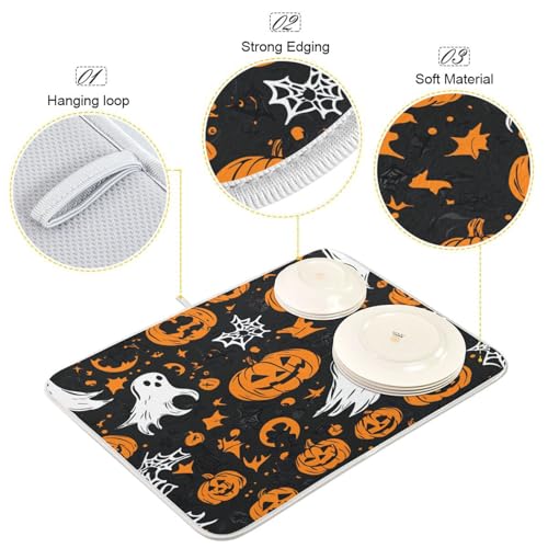 Halloween Ghost & Pumpkins Dish Drying Mat - Microfiber Absorbent Kitchen Counter Protector - 16x18in