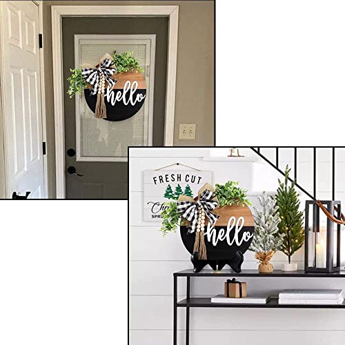 Hello Door Wreath for Front Door - Spring Farmhouse Decor, 13 Inch Black Brown