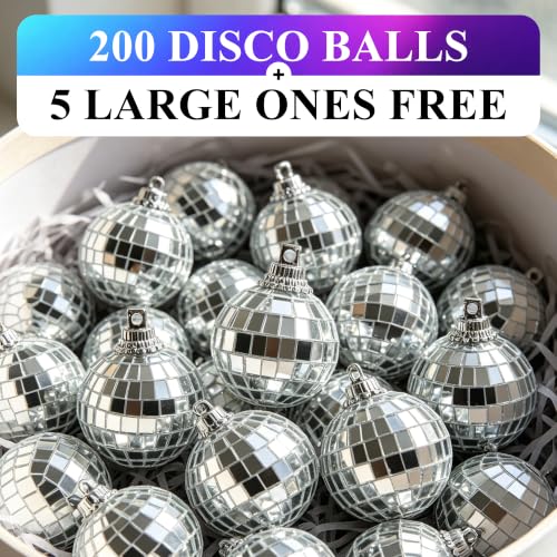 Mini Disco Balls Set with Hanging String - 200 Pieces 1.2 Inch + 5 Bonus 1.6 Inch Mirror Balls for Party Decorations