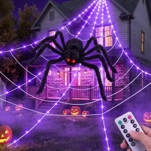 Halloween Spider Web Lights Outdoor with 250 Purple LEDs & Fuzzy Spider - 16.4ft Web Decor Set