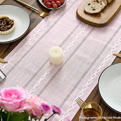 Pink Rustic Cotton Linen Table Runner - 13x72 Inch Seasonal Embroidered Home Decor