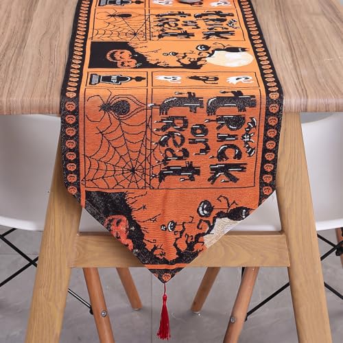 Halloween Table Runner 13 x 72 Inch with Ghost, Pumpkin & Web Design