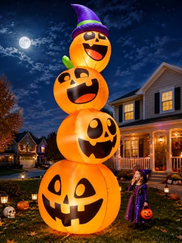 Giant 12FT Halloween Inflatable Pumpkin Stack with LED Faces & Witch Hat - Outdoor Yard Decor