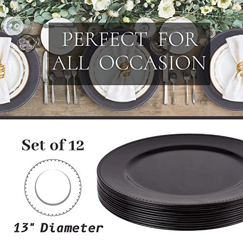 Black Charger Plates Set of 12 - Round Beaded Rim Dinnerware, 13-Inch
