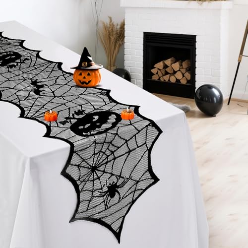 Halloween Table Runners Black Pumpkin Web Lace 18x72 Inch 2 Pack - Spider Web Design