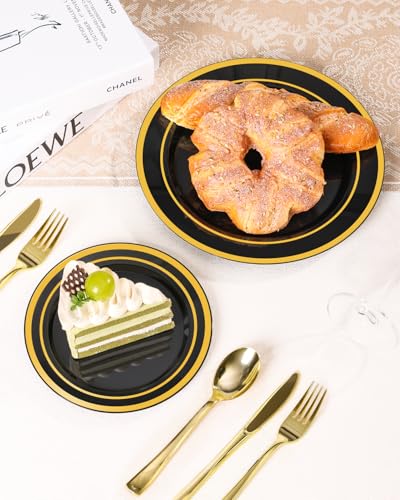 Black Plastic Dinner Plate Set with Gold Rim - 100PCS, Disposable & Reusable