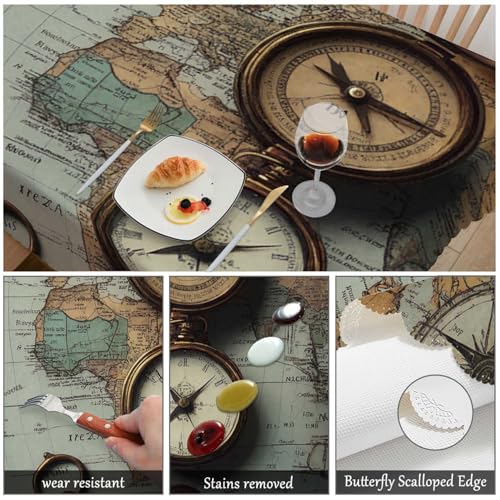Ancient World Map Tablecloth 52x70 Inch Rectangular Retro Kitchen Cover for Dining & Parties - Bronze Coin & Skeleton Key Design