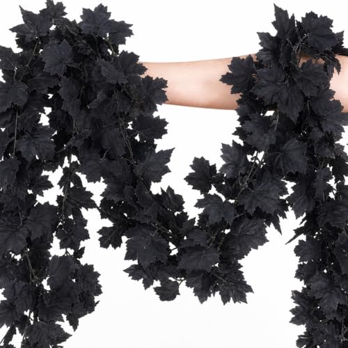 Black Maple Leaves Halloween Garland 2 Pack - Spooky Decor for Indoors & Outdoors - 12 Ft Total with Hooks