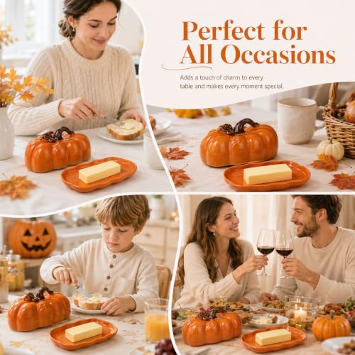 Orange Pumpkin-Shaped Ceramic Butter Dish with Lid - Fall Kitchen Decor