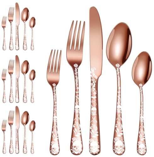Halloween Skeleton Silverware Set - Rose Gold Flatware for 4 with Skull & Flower Design
