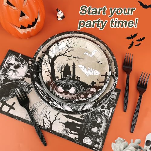Halloween Tableware Set with Plates Napkins Forks Crow Style for 24 Guests