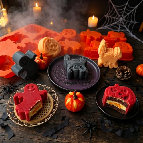 Halloween Silicone Mold Set with Ghost Pumpkin Black Cat - 6 Cavities, Food-Grade, Reusable