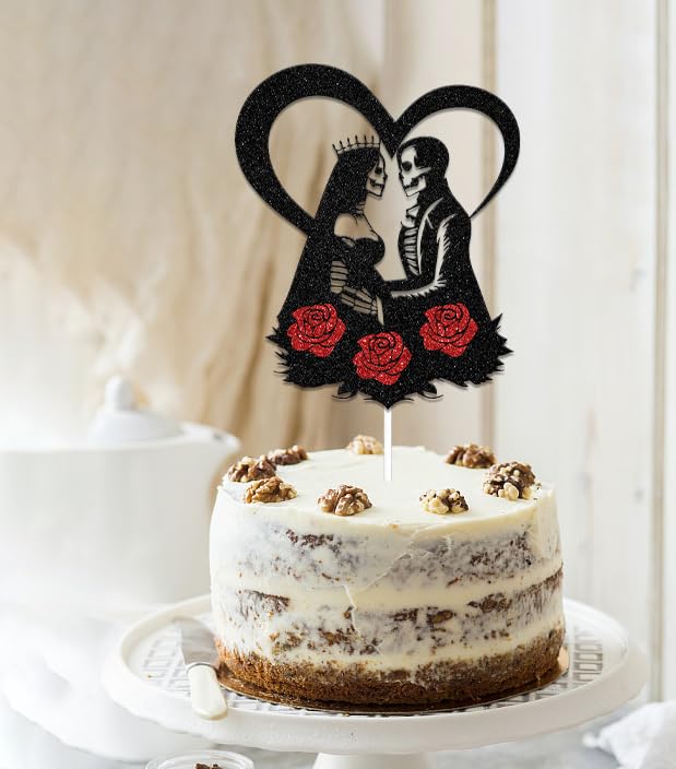 Halloween Bride or Die Skull Cake Topper Wedding Decorations Black Red