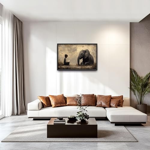 Large Elephant Wall Art Canvas - Kids Reading Animal Decor for Living Room & Bedroom