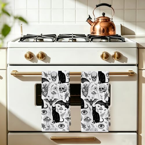 2 Pcs Skeleton Cat Kitchen Towels - Mushroom Microfiber Tea Towels - Multi 1366