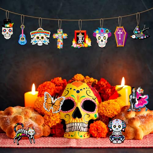 Day of the Dead Wooden Ornaments Set - Sugar Skull, Marigold & Cactus Decor, 36 Pieces