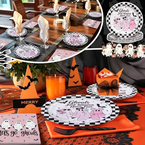 Pink Ghost Girl Night Halloween Party Tableware Set for 25 Guests - Disposable Plates & Napkins - Rokochoes