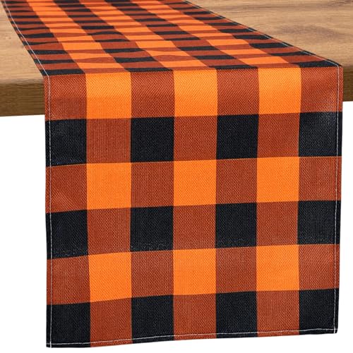 Halloween Checkered Table Runner - Black and Orange Burlap 13x72 Inches for Parties