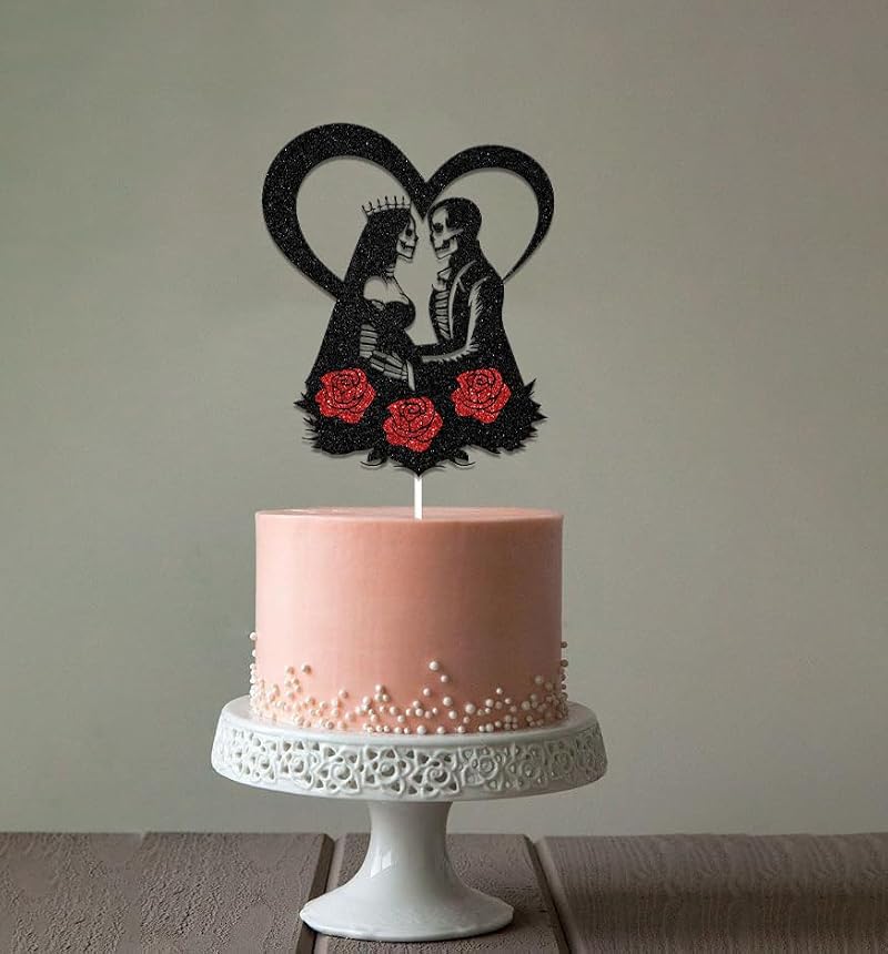 Halloween Bride or Die Skull Cake Topper Wedding Decorations Black Red