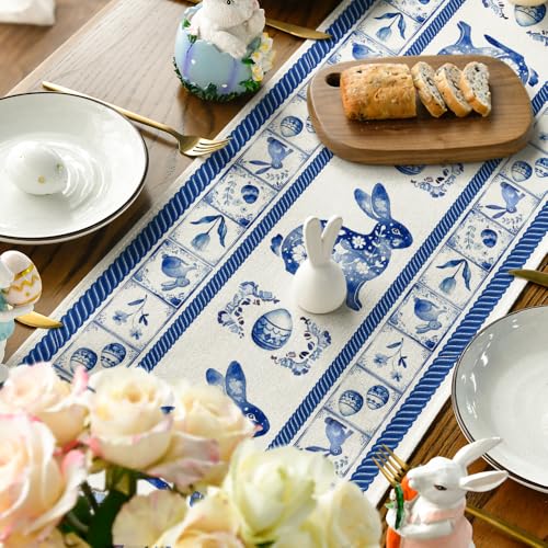 Blue and White Porcelain Bunny Egg Easter Table Runner - 13x90 Inch Seasonal Kitchen Decor