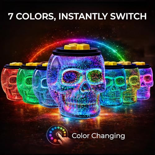 Wax Melt Warmer with 7-Color Rainbow Skull Lights - Halloween Scented Wax Burner with PTC Heating Plate
